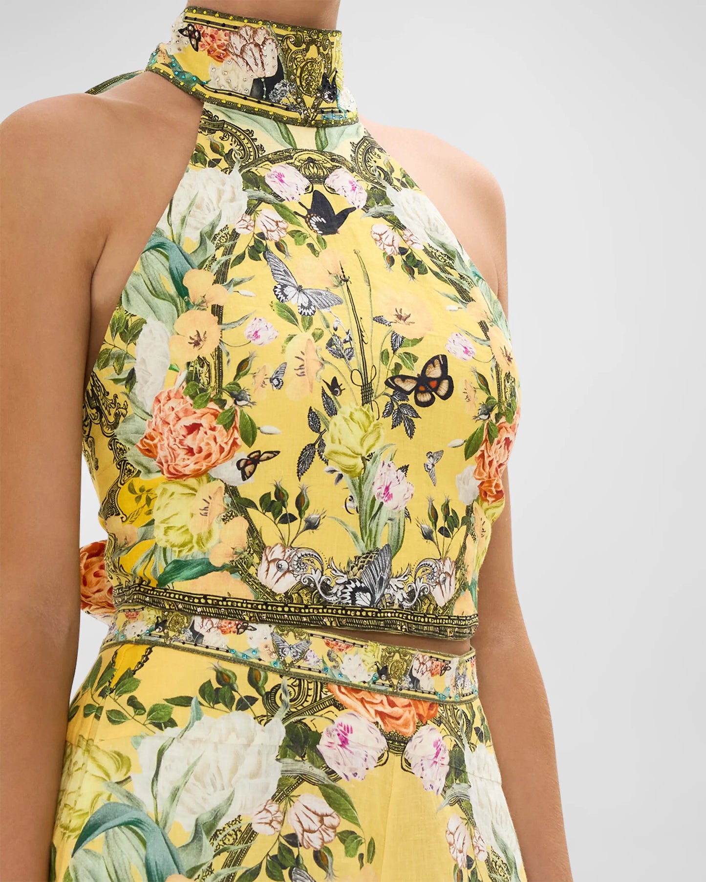 Floral Linen Halter Tie-Back Top